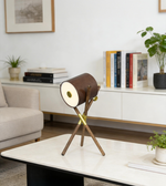 modern tripod spotlight table lamp with black cylindrical shade and wooden crossed legs, decorative bedside lighting