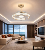 Modern crystal fandelier with brushed gold finish installed in a luxury living room ceiling