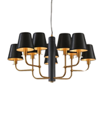 Modern chandelier with black lampshades and gold accents
