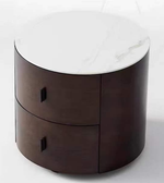 Walnut Arc Bedside Table by Daya Worldwide, modern wooden bedside table with a smooth curved design and natural wood finish.