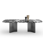 Daya Worldwide Arcus dining table with sleek wooden surface and modern design, shown in a stylish contemporary dining room setting.