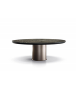Round dining table by Daya Worldwide featuring a sleek wooden surface and sturdy base, perfect for modern dining spaces.