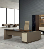 Modern executive office desk from Daya Worldwide, featuring a sleek wooden surface and sturdy metal legs for professional workspace.