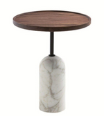 Wood marble side table with a sleek round top and wooden legs, perfect for living room decor by Daya Worldwide.