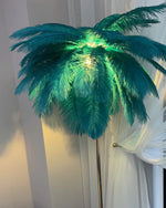 Close-up of teal green ostrich feather lampshade with warm lighting