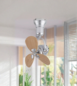 Ceiling fan with wooden propeller in a room with plants and windows