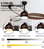 Ceiling fan with three different color temperature lights shown, controlled by remote control.