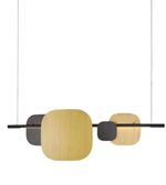 Modern pendant light with wooden shades on a white background