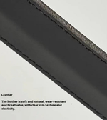 Close-up of black leather with text describing its properties on a white background