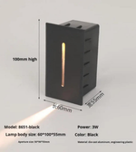 Black outdoor wall light with dimensions and specifications on a gray background