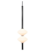 Modern pendant light with two round glass shades on a white background