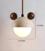 Pendant light with concrete shade and brown spherical accents, shown with measurements on a plain background.