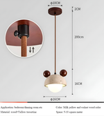 Pendant light with dimensions and material details on a white background
