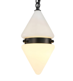 Pendant light with white and black design on a white background