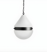 White pendant light with black band on a white background