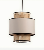 Pendant light with beige lampshade and woven design on a white background