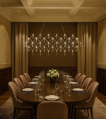 Rectangular crystal chandelier from the Aurora Linear series by Daya Worldwide, featuring hanging crystal accents and modern design.