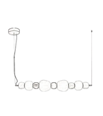 Line drawing of a modern pendant light fixture with spherical elements.