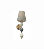 Wall sconce with geometric design and textured lampshade on a white background