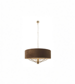 Chandelier with brown shade and gold metal frame on a white background