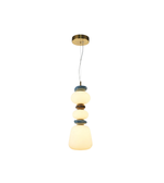 Modern pendant light with multiple spherical shades on a white background