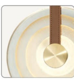 Gold circular object with a brown strap on a white background