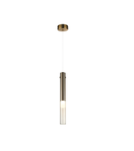 Modern pendant light with gold finish on a white background