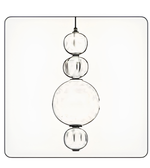 Modern pendant light with three spherical glass shades on a white background