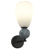 Contemporary wall sconce with ribbed frosted glass diffuser, blue-gray glass sphere, and matte black wall mount.