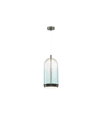 Pendant light fixture with a glass shade on a white background