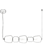 Line drawing of a modern pendant light fixture with five circular shades on a white background.