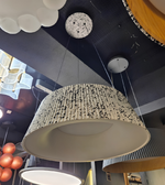 Close-up of a textured ceiling light fixture with a blurred store interior in the background.