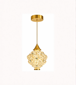 Gold pendant light with crystal design on a white background