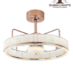 Ceiling fan light with rose gold frame and white blades on a white background, branded as 'Dubai Lights'.