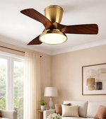 Ceiling fan with wooden blades in a living room setting