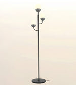A modern three-light floor lamp with a slim black metal stand, circular base, and three spherical frosted glass shades on curved arms, shown against a plain light beige background.