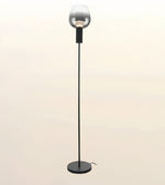 A modern floor lamp with a tall black metal stand, a round black base, and a clear glass dome shade at the top, shown against a plain light beige background.