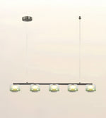 A modern 5-light linear pendant chandelier with frosted glass shades, suspended from a slim black horizontal bar with a matching round ceiling canopy and cord against a plain light background.
