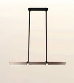 A modern linear pendant light fixture with a matte black vertical suspension frame and a horizontal brushed metal bar, shown against a plain light beige background.