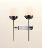 A modern double-light wall sconce with a glossy black metal frame, featuring two textured frosted glass shades and a rectangular backplate, shown against a plain off-white background.