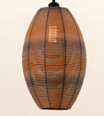 A hanging pendant lamp with a ribbed, oval-shaped shade made of horizontal brown wood or bamboo slats held together by black cords, shown against a plain off-white background.