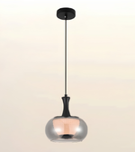 A modern pendant light with a black ceiling canopy and cord, featuring a large, rounded clear glass shade that reflects warm light from an internal bulb, shown against a soft beige gradient background.