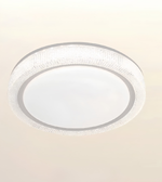 A modern circular flush-mount ceiling light fixture with a textured clear glass outer ring and a frosted white center, shown against a plain off-white background.