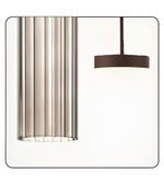 Modern pendant light with brown shade and cylindrical glass shade on a white background