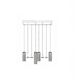 Line drawing of a modern chandelier with four cylindrical lights on a white background