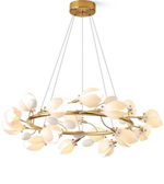 Modern chandelier with gold frame and white floral-like shades on a white background