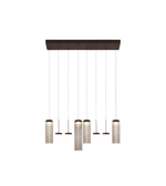 Modern pendant light fixture with five cylindrical lights on a white background