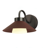 Wall-mounted light fixture with brown shade and black metal arm on a white background