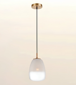 Modern frosted opal glass pendant light with brushed brass finish and minimalist cylindrical glass shade.