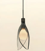 A modern pendant light with a dark gray smoked glass shade and a black metal fixture, shown against a plain off-white background.